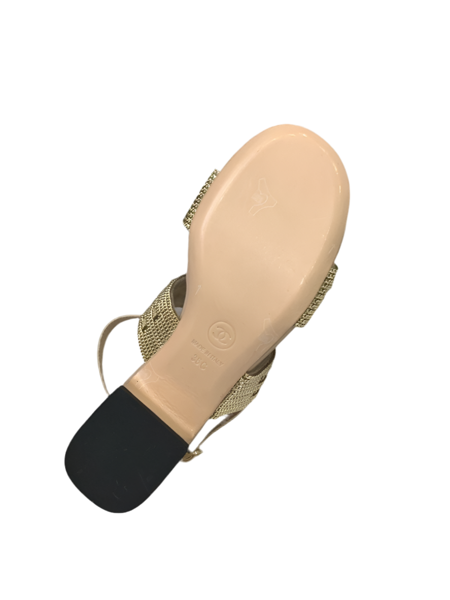 Chanel Sandalen Pantoletten mit Absatz Gold Preloved Designer Schuhe