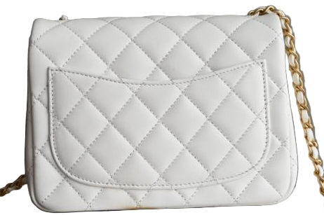 Chanel Classic Timeless Mini Flap Bag – Weißes Lammleder, Gold CC & Perlenkette