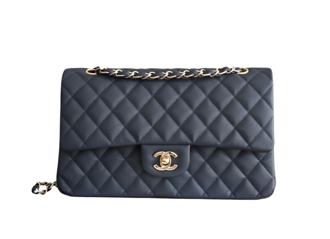 Chanel Classic Flap Bag Medium – Marineblaues Kaviarleder mit goldenen Beschlägen – Preloved Shoulder Bag Kollektion 2025