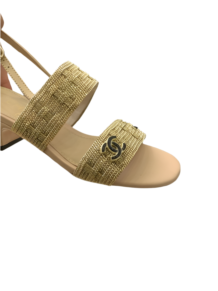 Chanel Sandalen Pantoletten mit Absatz Gold Preloved Designer Schuhe