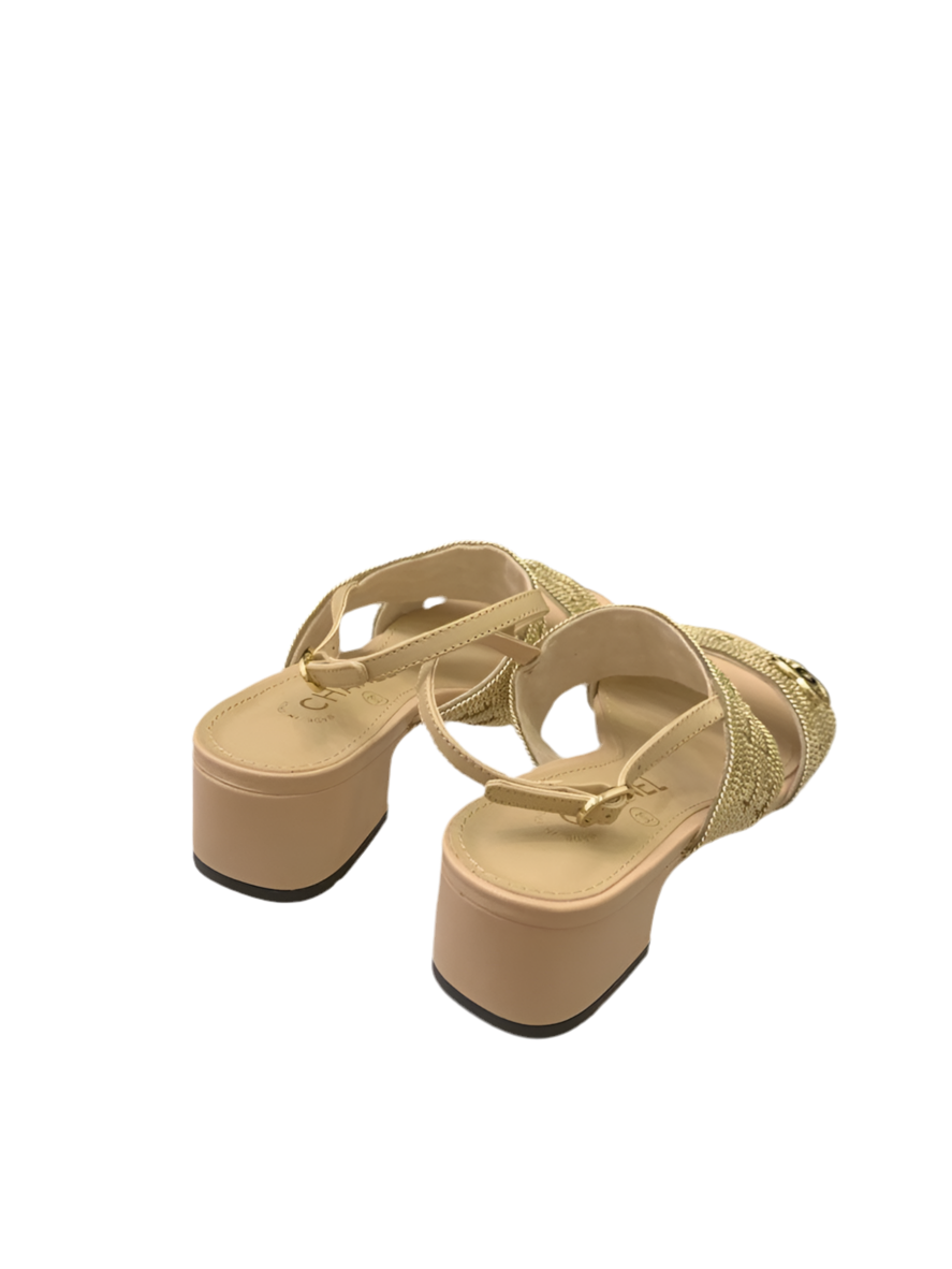 Chanel Sandalen Pantoletten mit Absatz Gold Preloved Designer Schuhe