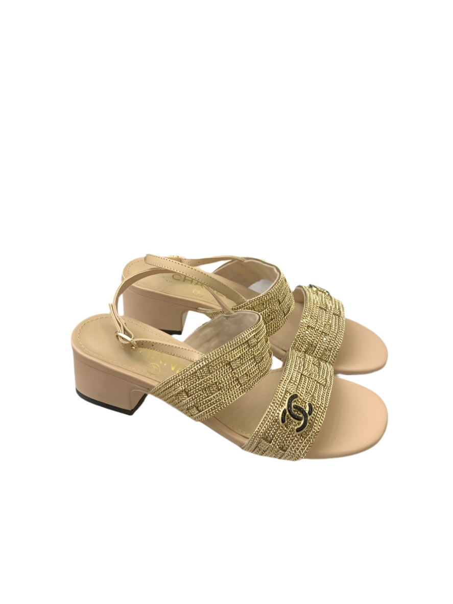 Chanel Sandalen Pantoletten mit Absatz Gold Preloved Designer Schuhe