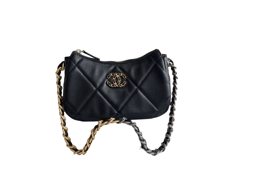 Chanel 90 Clutch 2025 – Glänzendes schwarzes Lammleder mit Metall-Umhängetasche in Gold-, Silber- und Ruthenium-Optik