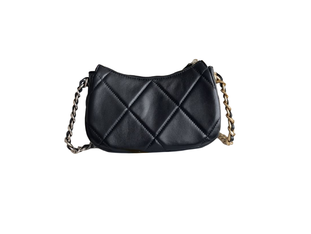Chanel 90 Clutch 2025 – Glänzendes schwarzes Lammleder mit Metall-Umhängetasche in Gold-, Silber- und Ruthenium-Optik