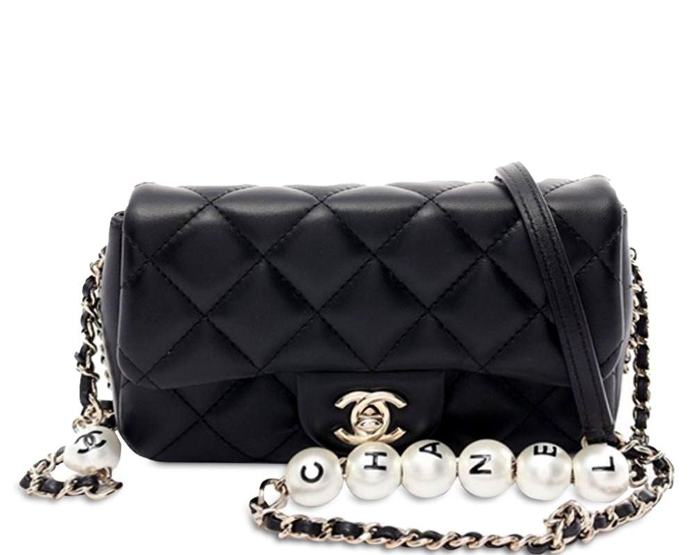 Chanel Mini-Flap aus gestepptem Lammleder „My Precious Pearls“ in Schwarz (2021)