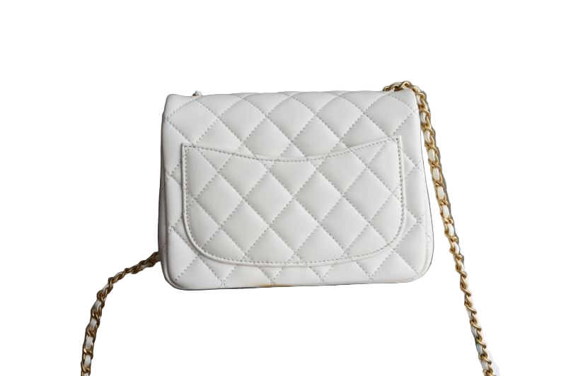 Chanel Classic Timeless Mini Flap Bag – Wit Lamsleer Gold CC & Pearl Chain