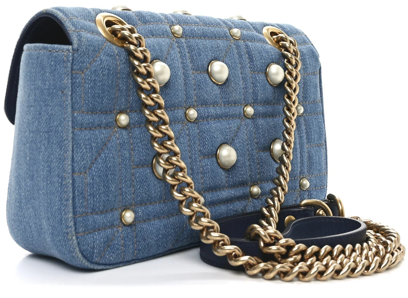 Gucci Marmont Mini-Schultertasche für Damen, Denimblau, gesteppt, mit Perlenbesatz • Gebraucht