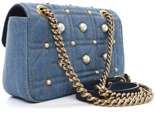 Gucci Marmont Mini-Schultertasche für Damen, Denimblau, gesteppt, mit Perlenbesatz • Gebraucht