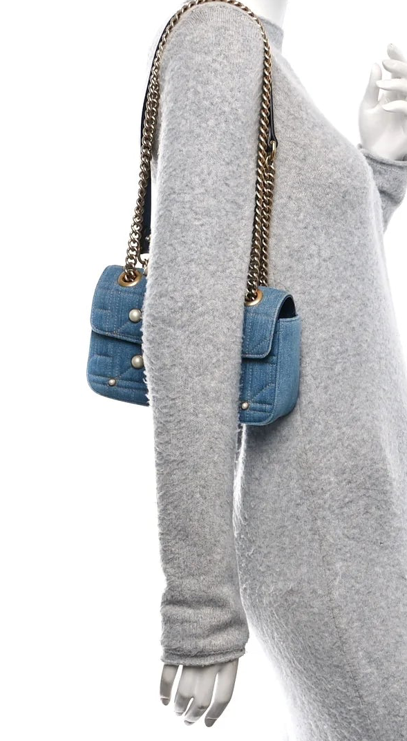 Gucci Marmont Mini-Schultertasche für Damen, Denimblau, gesteppt, mit Perlenbesatz • Gebraucht