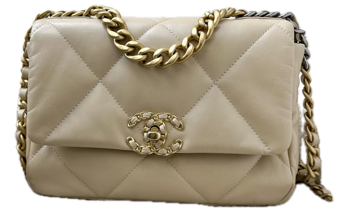 Chanel 19 Small Flap Bag Beige Lammleder Gebrauchte Designer-Schultertasche 2023