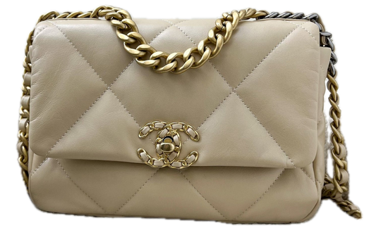 Chanel 19 Small Flap Bag Beige Lammleder Gebrauchte Designer-Schultertasche 2023