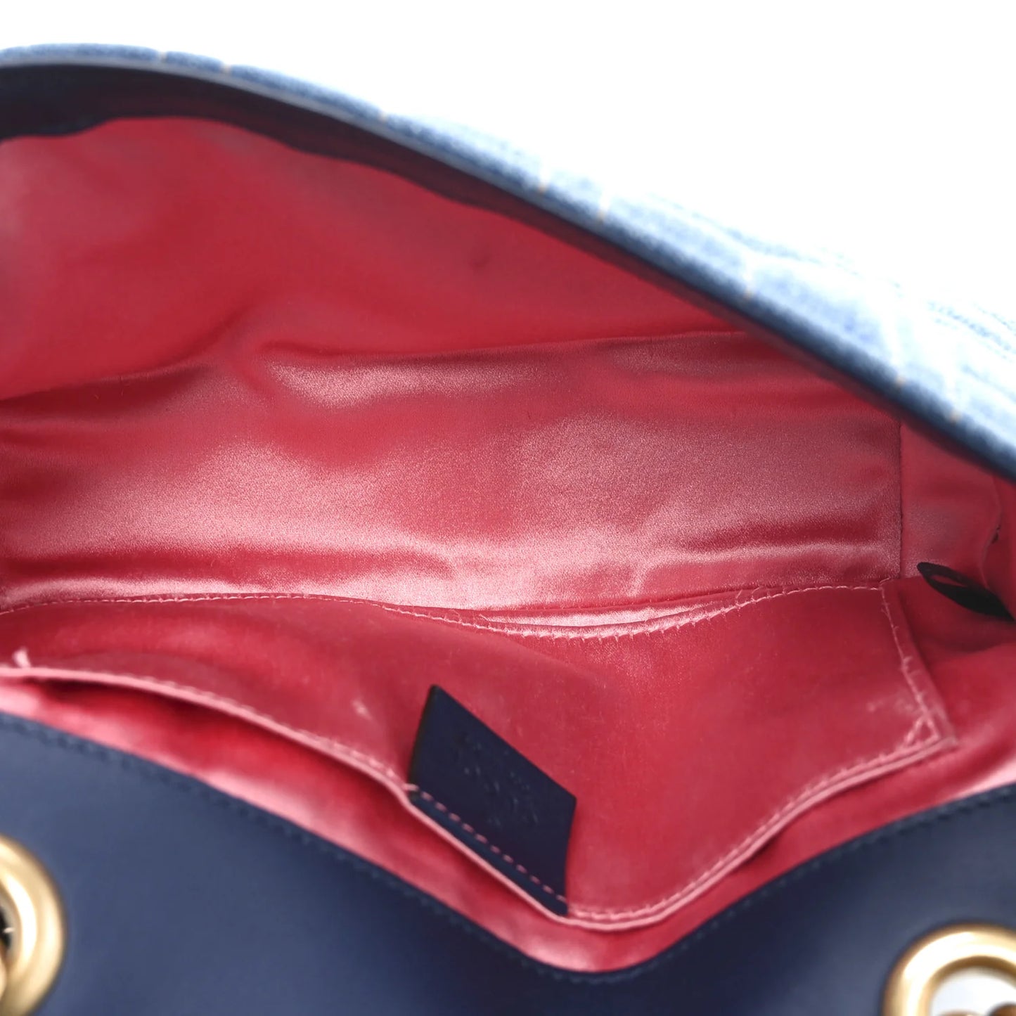 Gucci Marmont Mini-Schultertasche für Damen, Denimblau, gesteppt, mit Perlenbesatz • Gebraucht