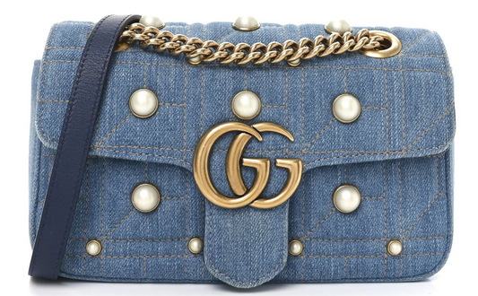 Gucci Marmont Mini-Schultertasche für Damen, Denimblau, gesteppt, mit Perlenbesatz • Gebraucht