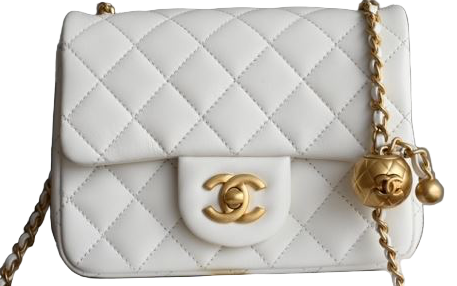 Chanel Classic Timeless Mini Flap Bag – Weißes Lammleder, Gold CC & Perlenkette
