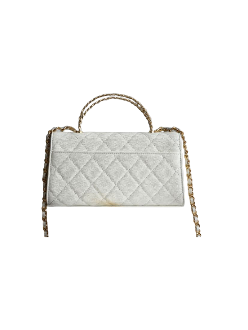 Chanel Kelly S25 – Wit Caviar Leder met Gevlochten CC & Handvat – Preloved Designer Top-Handle Bag