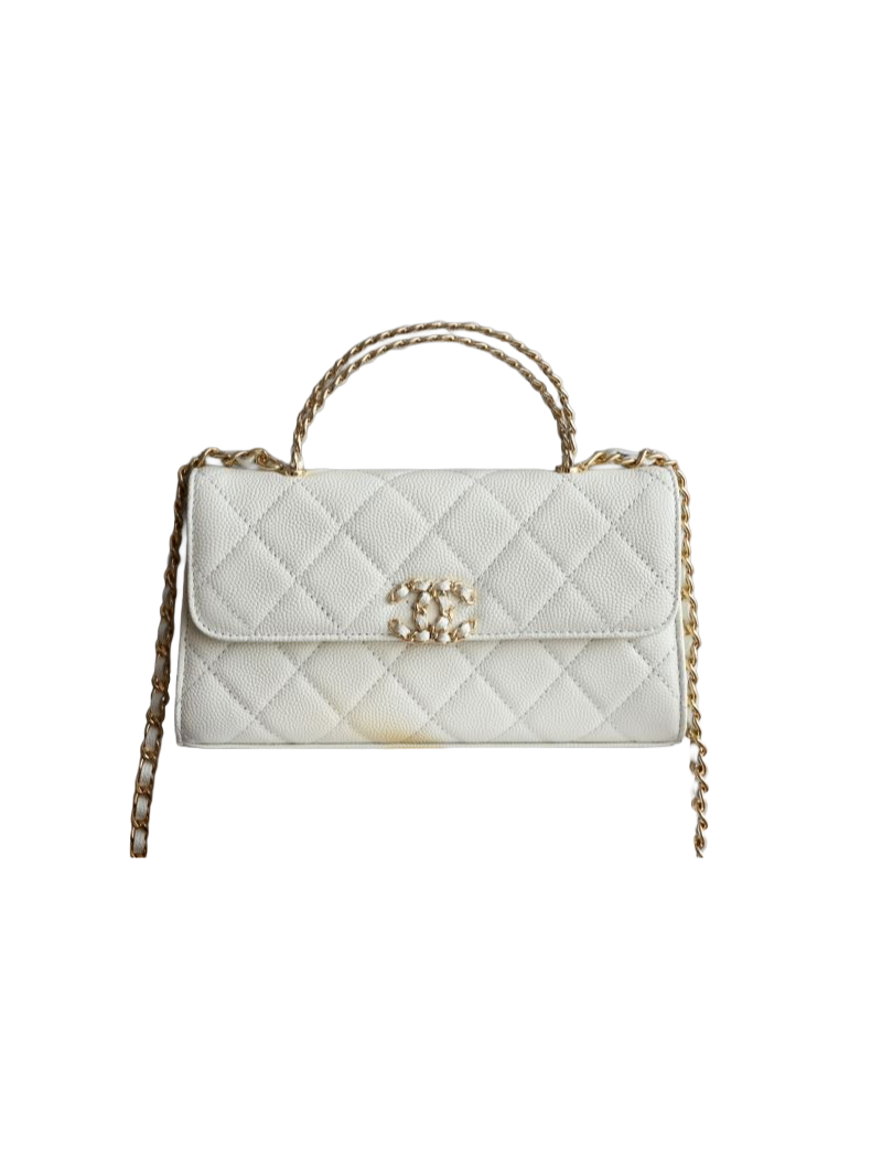 Chanel Kelly S25 – Wit Caviar Leder met Gevlochten CC & Handvat – Preloved Designer Top-Handle Bag