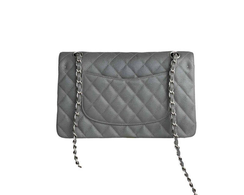 Chanel Classic Flap Bag Mittelgraues Kaviarleder mit silberner Hardware