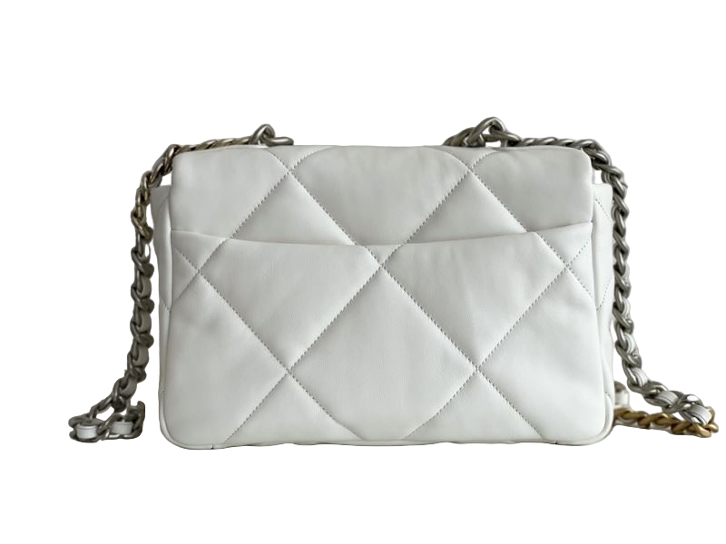Chanel 19 Flap Bag Small – Wit Glanzend Lamsleer met Goud-, Zilver- & Ruthenium Hardware – Preloved schoudertas