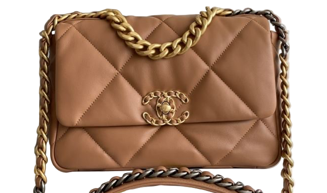 Chanel 19 Flap Schultertasche in Kamelbraun (Modelljahre 2025/2026), Gold-, Silber- und Ruthenium-Finish