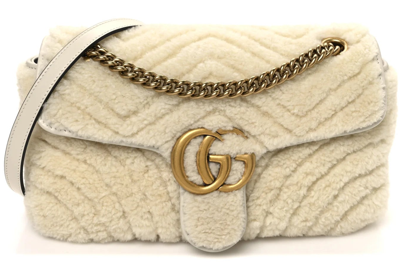 Gucci Marmont Tasche Damen – Kleine Schultertasche aus gesteppter Wolle, Altweiß • Gebraucht
